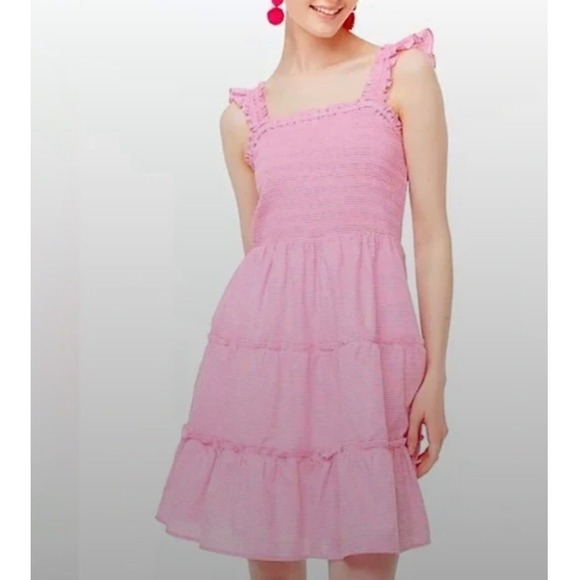 J. Crew Factory Dresses & Skirts - J Crew Striped Mini Dress Pink Womens Large Smocked Tiered Beachy Resort